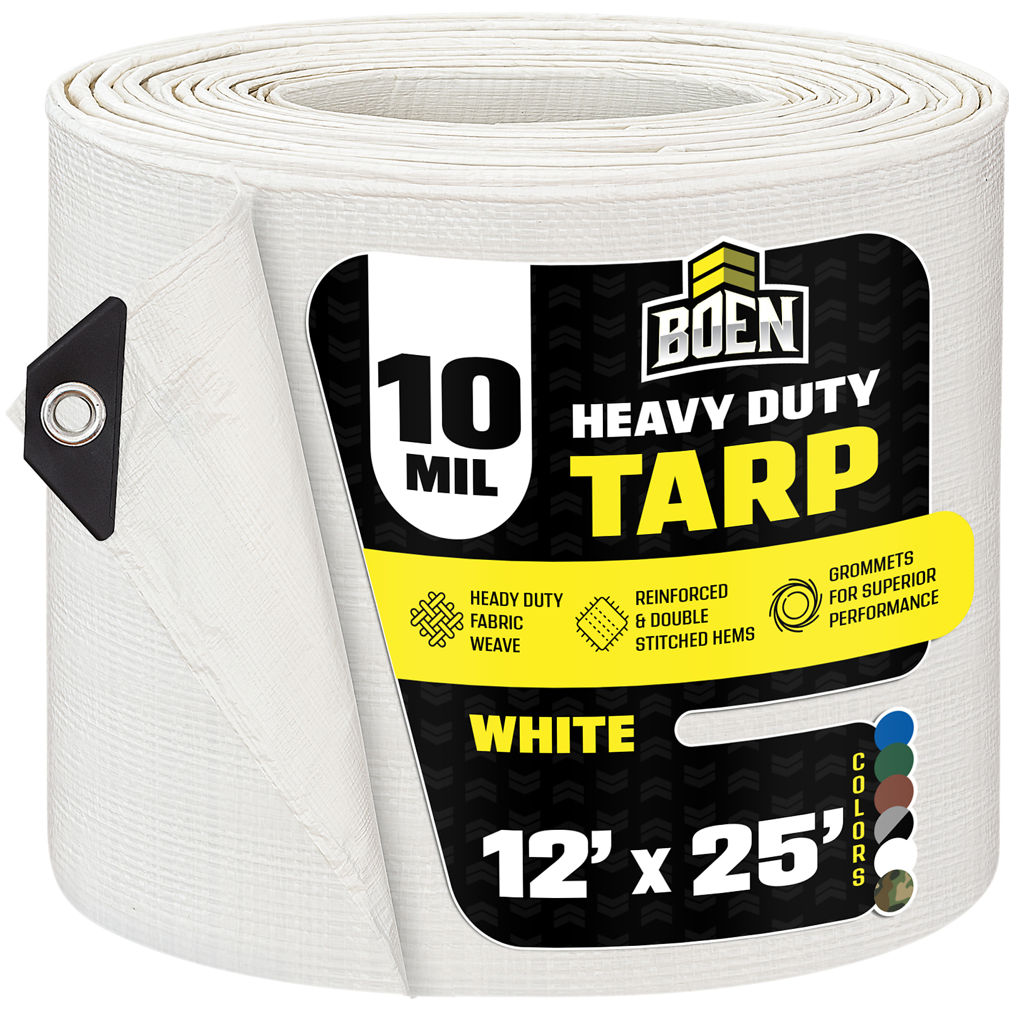 Boen 12 ft x 25 ft White Tarp, 10 Mil Thick Waterproof Heavy Duty Cover, Rip Proof Tarps, Thick Weave Material, UV Resistant Great for Tarpaulin Canopy Tent, Boat, RV or Pool Cover